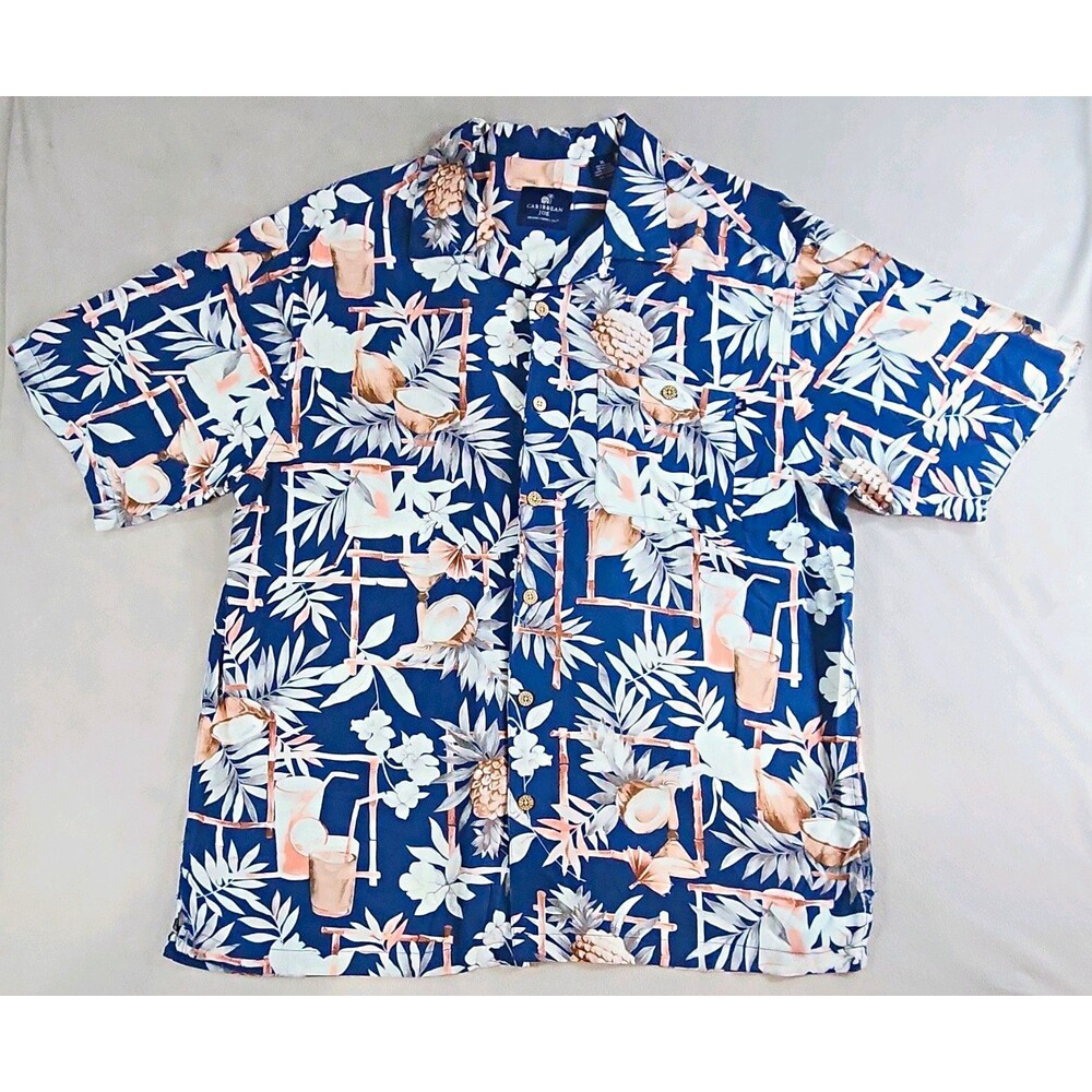 Caribbean Joe Men's XL Blue Tropical Floral Rayon Button-Up Shirt Short Sleeve